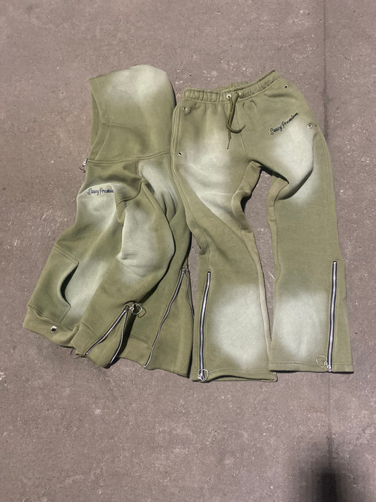 Olive Green Signature Essential Set - Luxury Clothing with Bespoke Embroidery, Custom Heart Zippers, and Unique Flares